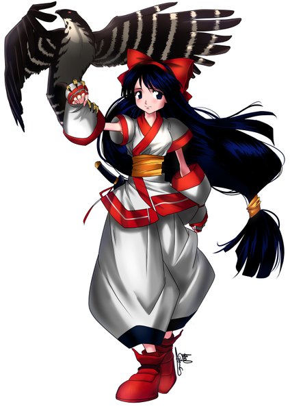 Anime picture 4961x7016 with samurai spirits nakoruru odzigner single tall image highres blue eyes simple background white background signed blue hair looking away absurdres full body very long hair arm up vector bird on hand girl gloves