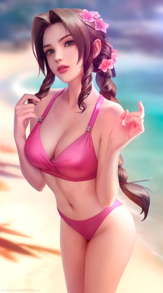 Anime picture 3900x7000 with final fantasy final fantasy vii square enix aerith gainsborough aerith gainsborough (pink mermaid) wickellia single long hair tall image looking at viewer highres breasts light erotic brown hair large breasts standing signed absurdres cleavage outdoors