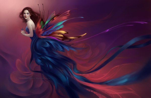 Anime picture 1280x835 with original selenada single long hair blue eyes smile brown hair bare shoulders signed lips realistic insect wings butterfly wings girl dress insect butterfly