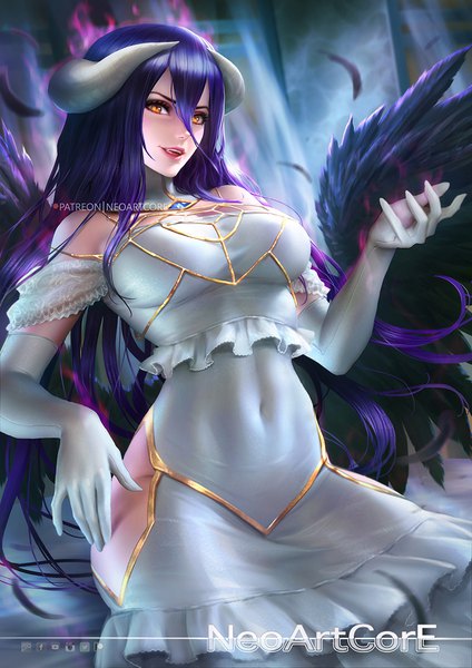 Anime picture 800x1132 with overlord (maruyama) madhouse albedo (overlord) nudtawut thongmai single tall image looking at viewer blush fringe breasts open mouth light erotic hair between eyes sitting signed yellow eyes purple hair very long hair horn (horns) realistic