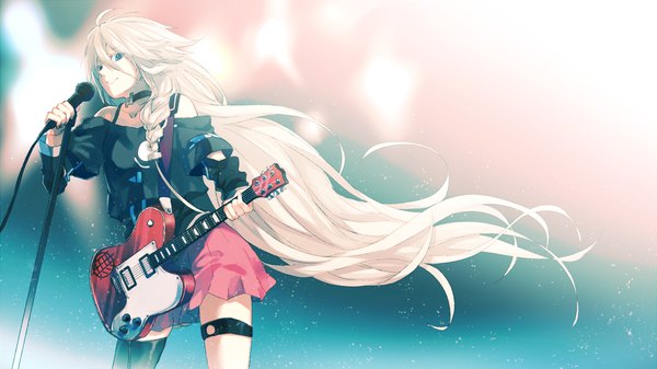 Anime picture 1280x720 with vocaloid ia (vocaloid) jiezili single looking at viewer blue eyes smile wide image standing bare shoulders holding white hair braid (braids) very long hair pleated skirt wind girl thighhighs skirt black thighhighs