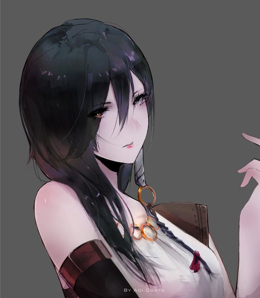 Anime picture 3500x4000 with original aoi ogata single long hair tall image looking at viewer blush fringe highres black hair simple background hair between eyes red eyes bare shoulders signed absurdres upper body grey background grey eyes lipstick