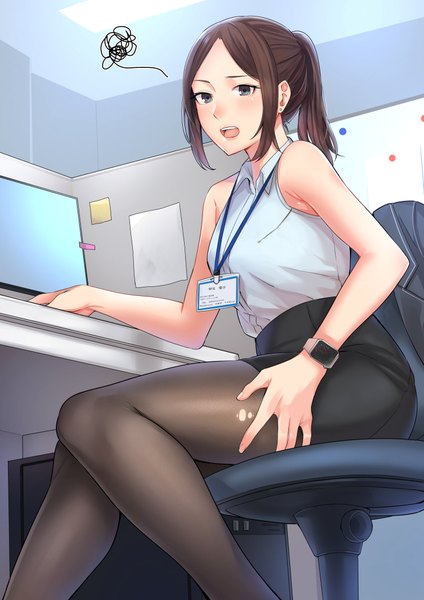 Anime picture 744x1052 with original kyuuso inukami single long hair tall image looking at viewer blush breasts open mouth brown hair standing sitting bare shoulders payot bent knee (knees) ponytail indoors fingernails teeth grey eyes