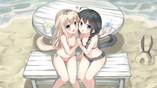 Anime picture 5760x3240 with kantai collection shigure destroyer yuudachi destroyer ruma imaginary long hair looking at viewer highres open mouth blue eyes light erotic black hair blonde hair red eyes wide image sitting multiple girls animal ears absurdres ahoge tail