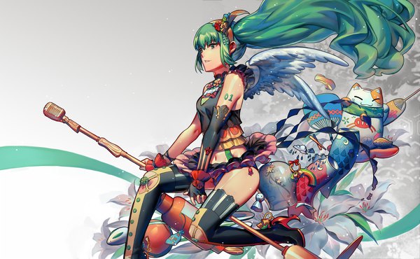 Anime picture 1900x1174 with vocaloid nisoku hokou (vocaloid) hatsune miku jiao huashe single long hair fringe highres light erotic smile hair between eyes wide image twintails bare shoulders green eyes payot profile hair flower green hair midriff