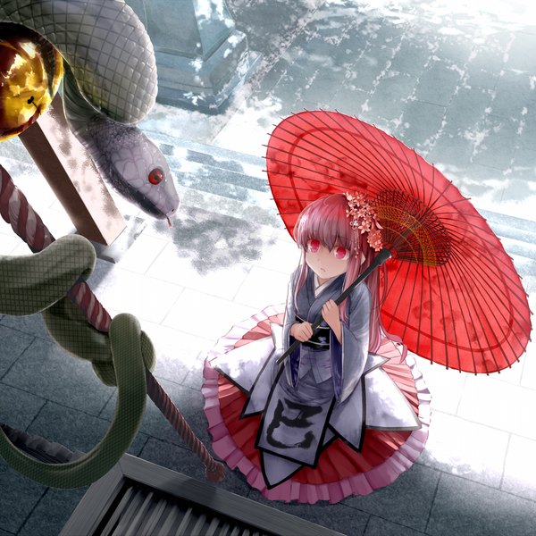 Anime picture 1200x1200 with original pen (pixiv257621) long hair red eyes pink hair victory girl dress hair ornament umbrella bell jingle bell snake
