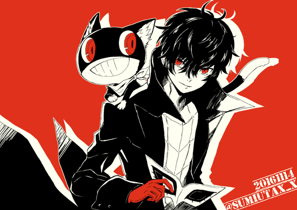Anime picture 1024x724 with persona 5 persona amamiya ren morgana (persona 5) kawasemi sumika single looking at viewer fringe short hair smile hair between eyes red eyes red background animal on shoulder spot color polychromatic 2016 high contrast boy gloves