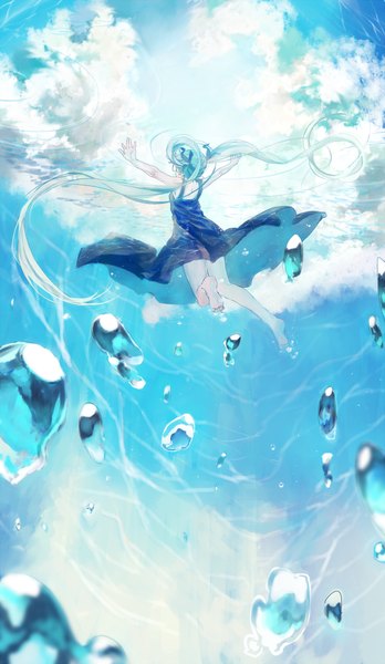 Anime picture 580x1000 with vocaloid shinkai shoujo (vocaloid) hatsune miku bou shaku single tall image twintails sky cloud (clouds) very long hair barefoot sunlight aqua hair from below spread arms underwater swimming girl dress water