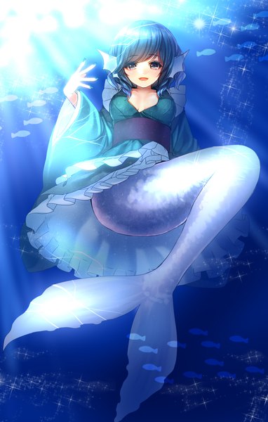 Anime picture 1400x2200 with touhou wakasagihime tsukiriran single tall image looking at viewer blush short hair blue eyes blue hair traditional clothes japanese clothes underwater girl animal water frills kimono obi fish (fishes)