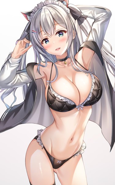 Anime picture 1500x2397 with original kitin single long hair tall image looking at viewer blush fringe breasts open mouth blue eyes light erotic simple background smile large breasts standing white background silver hair head tilt :d