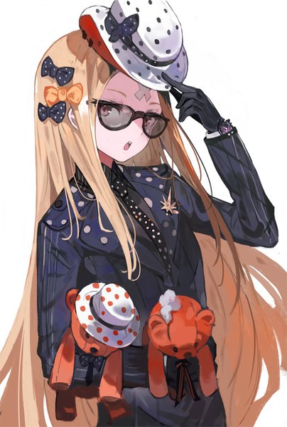 Anime picture 1000x1483 with fate (series) fate/grand order abigail williams (fate) alchemaniac single long hair tall image looking at viewer open mouth blonde hair simple background red eyes standing white background holding payot long sleeves alternate costume adjusting hat bespectacled