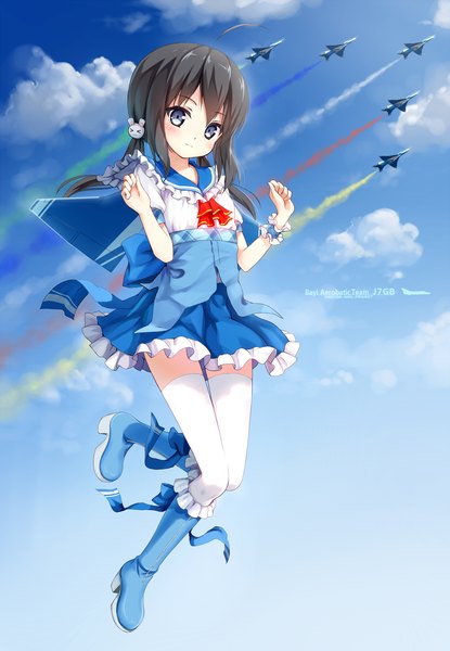 Anime picture 1500x2166 with original hagi (ame hagi) single long hair tall image looking at viewer blush blue eyes black hair sky cloud (clouds) girl thighhighs dress white thighhighs boots frills airplane jet