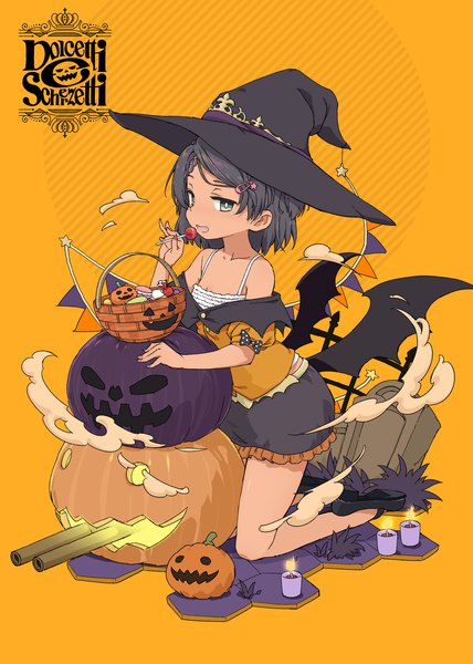 Anime picture 1426x2000 with kantai collection scirocco (kantai collection) azuma syoujuan single tall image short hair black hair green eyes full body off shoulder bare legs loli kneeling flat chest halloween orange background girl hat wings food
