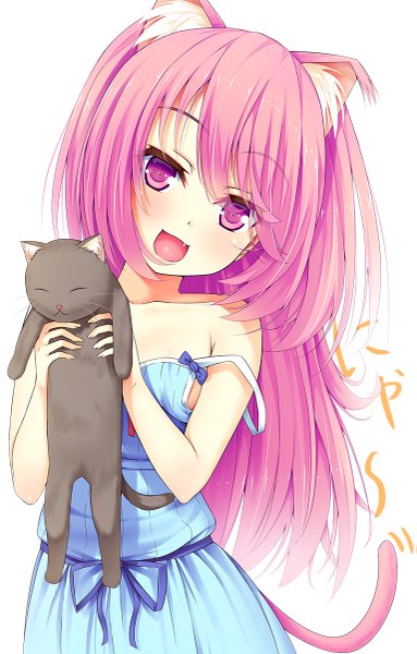 Anime picture 767x1200 with original peragura single long hair tall image looking at viewer blush open mouth simple background white background animal ears pink hair tail animal tail pink eyes cat ears cat girl cat tail strap slip girl