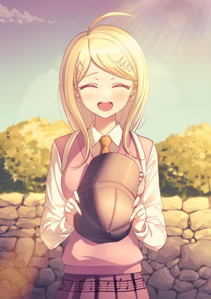 Anime picture 1000x1419 with dangan ronpa new danganronpa v3 akamatsu kaede deadnooodles single long hair tall image blush blonde hair smile standing holding payot cloud (clouds) ahoge outdoors eyes closed long sleeves pleated skirt sunlight