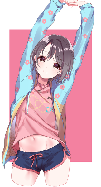 Anime picture 1081x2000 with idolmaster idolmaster cinderella girls otokura yuuki sinsihukunokonaka single tall image looking at viewer blush fringe short hair simple background hair between eyes brown hair standing brown eyes head tilt light smile arms up open jacket bare belly