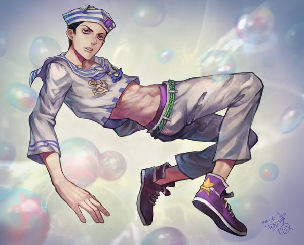 Anime picture 2303x1860 with jojo no kimyou na bouken jojolion higashikata jousuke (jojolion) fan ju single looking at viewer highres short hair blue eyes black hair signed bare belly dated weightlessness boy shoes headdress bubble (bubbles) sailor suit sneakers