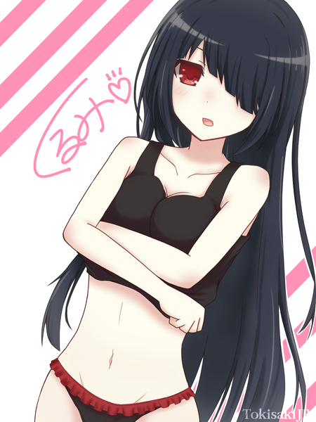 Anime picture 1200x1600 with date a live tokisaki kurumi tokisakijp single long hair tall image looking at viewer blush fringe open mouth light erotic black hair red eyes bare shoulders signed hair over one eye midriff groin undressing striped background