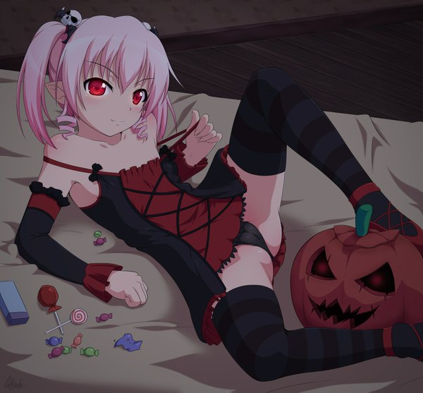Anime picture 1750x1625 with original ghettoyouth looking at viewer highres short hair light erotic red eyes twintails bare shoulders signed pink hair ass lying arm support spread legs drill hair short twintails flat chest strap slip butt crack