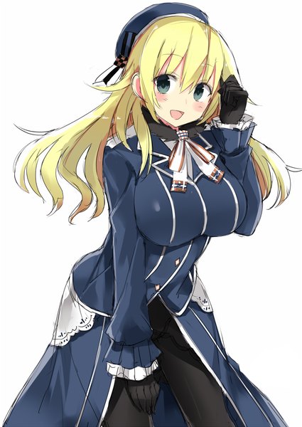 Anime picture 708x1000 with kantai collection atago heavy cruiser kuhotaka single long hair tall image blush breasts open mouth blue eyes simple background blonde hair large breasts white background looking away girl dress gloves pantyhose black gloves