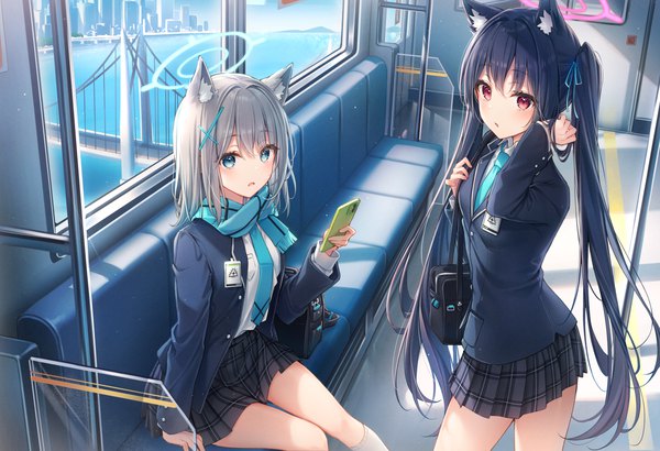 Anime picture 2500x1710 with blue archive shiroko (blue archive) serika (blue archive) dangmyo long hair highres short hair blue eyes black hair red eyes standing sitting twintails multiple girls animal ears pleated skirt arm up from above grey hair adjusting hair