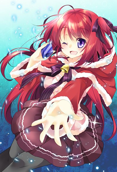 Anime picture 748x1100 with original mocha (naturefour) single long hair tall image looking at viewer blush purple eyes ahoge red hair one eye closed wink happy christmas outstretched hand girl skirt ribbon (ribbons) hair ribbon pantyhose