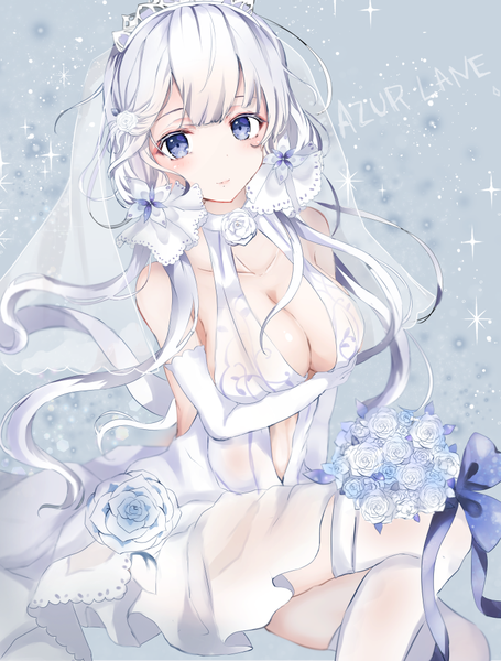 Anime picture 775x1022 with azur lane illustrious (azur lane) illustrious (morning star of love and hope) (azur lane) sakura mochiko single long hair tall image blush breasts blue eyes light erotic large breasts twintails cleavage silver hair sparkle copyright name low twintails girl thighhighs