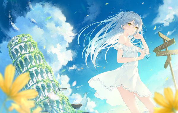 Anime picture 1571x1000 with original rurudo single long hair looking at viewer blush fringe hair between eyes standing bare shoulders holding yellow eyes payot blue hair sky cloud (clouds) outdoors parted lips wind blurry