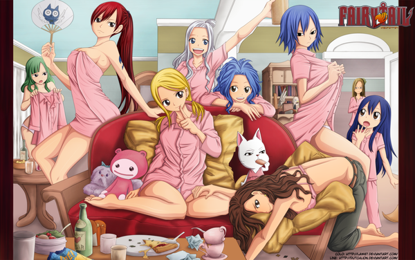 Anime picture 1592x1000 with fairy tail lucy heartfilia erza scarlet wendy marvell juvia lockser mirajane strauss charle (fairy tail) levy mcgarden cana alberona evergreen bisca mulan law67 open mouth blue eyes light erotic blonde hair smile red eyes brown hair purple eyes