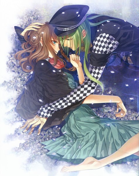 Anime picture 2017x2547 with amnesia idea factory heroine (amnesia) ukyo (amnesia) long hair tall image highres short hair blue eyes brown hair green eyes lying profile barefoot green hair scan hug single braid rhombus girl