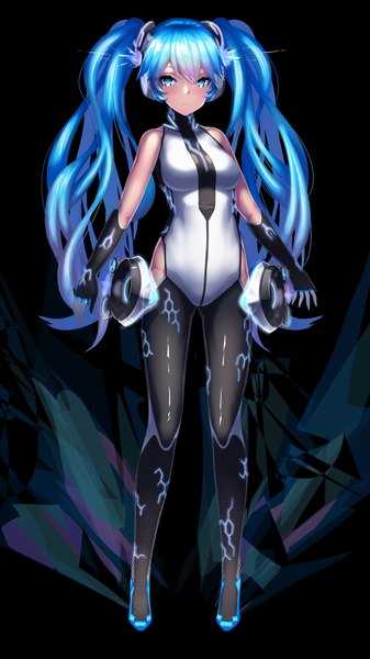 Anime picture 1150x2047 with vocaloid hatsune miku dev (dev0614) single long hair tall image looking at viewer fringe blue eyes smile standing twintails blue hair girl gloves necktie headphones fingerless gloves bodysuit