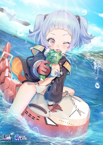 Anime picture 1240x1753 with azur lane u-556 (azur lane) sinomi single tall image looking at viewer blush short hair open mouth light erotic sitting twintails blue hair sky cloud (clouds) outdoors one eye closed pink eyes wink sunlight