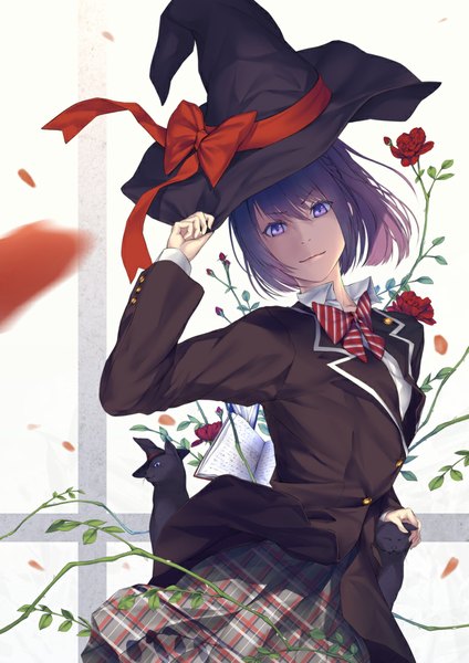 Anime picture 778x1100 with yamada-kun to 7-nin no majo lidenfilms odagiri nene oki (koi0koi) single tall image looking at viewer short hair purple eyes purple hair girl skirt uniform flower (flowers) bow school uniform hat animal petals cat