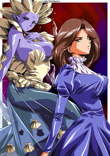 Anime picture 2480x3507 with bishoujo senshi sailor moon toei animation sailor moon monster book shakoukai countess rose hinomars19 long hair tall image looking at viewer highres breasts light erotic brown hair large breasts brown eyes grey eyes turning head watermark border dual persona