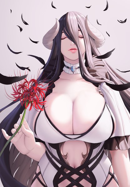 Anime picture 2953x4252 with overlord (maruyama) madhouse albedo (overlord) milk-doll single long hair tall image looking at viewer fringe highres breasts light erotic black hair simple background hair between eyes standing holding cleavage eyes closed parted lips