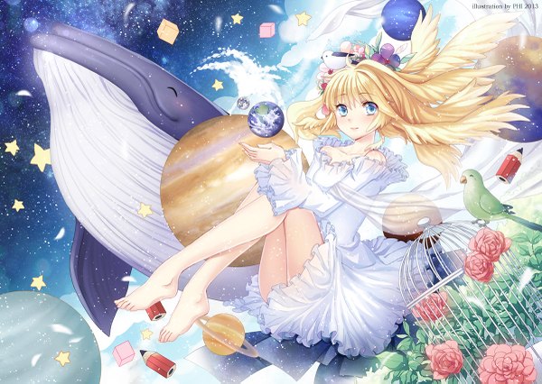 Anime picture 1200x853 with original philomelalilium single long hair looking at viewer blush blue eyes blonde hair barefoot bare legs girl dress hair ornament flower (flowers) animal bird (birds) fish (fishes) planet earth whale