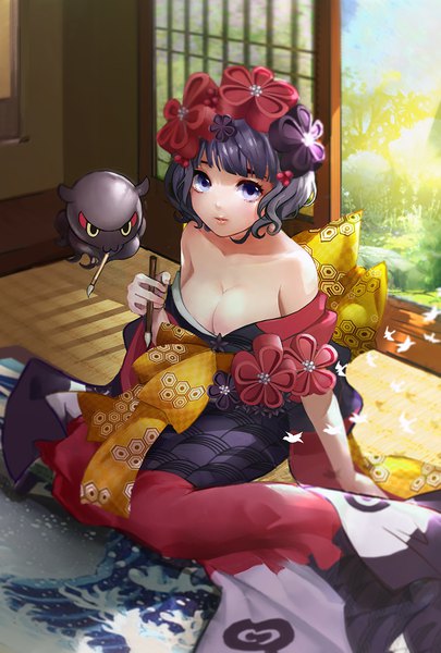 Anime-Bild 800x1185 mit fate (series) fate/grand order kanagawa okinami ura katsushika hokusai (fate/grand order) tokitarou (fate/grand order) antweiyi single tall image looking at viewer short hair breasts light erotic black hair large breasts sitting purple eyes bare shoulders traditional clothes japanese clothes from above