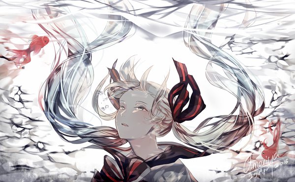 Anime picture 1500x923 with vocaloid hatsune miku bottle miku ameriya single long hair wide image twintails signed silver hair upper body floating hair dated looking up underwater silver eyes liquid hair girl uniform ribbon (ribbons)