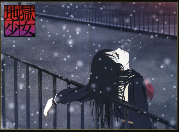 Anime picture 2705x2000 with hell girl studio deen aniplex enma ai candy-chan oka mariko single long hair highres black hair red eyes standing outdoors long sleeves from behind scan night night sky copyright name back