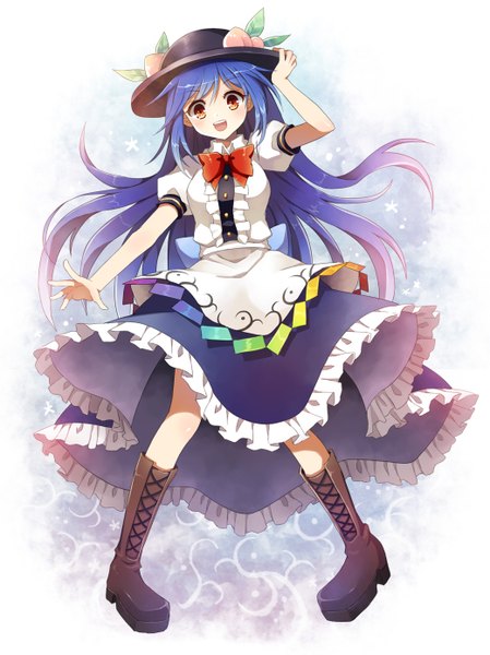 Anime picture 1040x1390 with touhou hinanawi tenshi mauve single long hair tall image blush open mouth red eyes blue hair happy girl dress ribbon (ribbons) hat boots star (stars) apron knee boots fruit