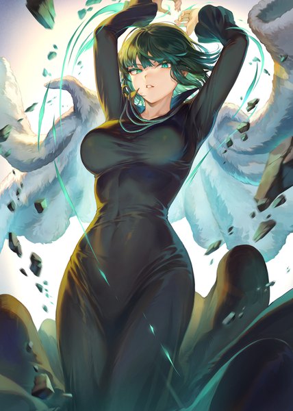 Anime-Bild 1497x2097 mit one-punch man madhouse fubuki (one-punch man) mashuu (neko no oyashiro) single tall image looking at viewer fringe short hair breasts light erotic hair between eyes large breasts standing green eyes long sleeves parted lips green hair arms up from below