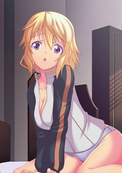 Anime picture 2953x4169 with infinite stratos 8bit charles dunois chausagi (artist) single long hair tall image looking at viewer highres open mouth light erotic blonde hair sitting purple eyes wariza girl underwear panties jacket