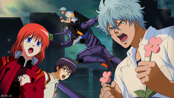 Anime-Bild 1920x1080 mit neon genesis evangelion gintama sunrise (studio) gainax sakata gintoki ikari shinji kagura (gintama) eva 01 katsuragi misato shimura shinpachi ibuki maya hedoro (gintama) nika a1 highres short hair open mouth blue eyes black hair wide image brown eyes