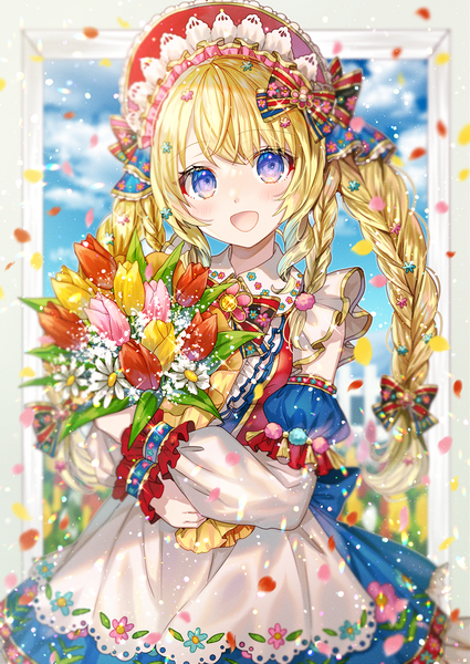 Anime picture 1000x1412 with original shione (memento forest) single long hair tall image looking at viewer open mouth blonde hair purple eyes sky braid (braids) :d twin braids framed girl flower (flowers) bow hair bow hat detached sleeves