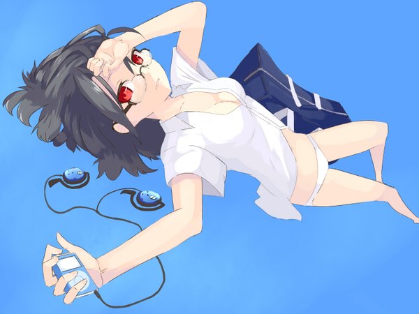Anime picture 1400x1050 with original ipod mazonano (artist) single looking at viewer short hair breasts light erotic black hair simple background red eyes cleavage blue background girl underwear panties shirt glasses white shirt headphones