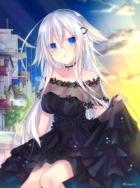Anime picture 596x800 with original yamine kuro single long hair tall image looking at viewer blush fringe breasts open mouth blue eyes light erotic hair between eyes sitting signed payot sky cleavage cloud (clouds) ahoge