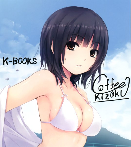 Anime picture 2220x2475 with original k-books (artbook) aoyama sumika coffee-kizoku single tall image blush fringe highres short hair breasts light erotic large breasts brown eyes signed blue hair looking away sky cloud (clouds) parted lips