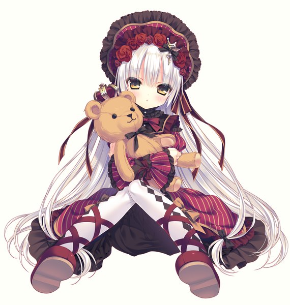 Anime picture 1039x1093 with original rubi-sama single tall image simple background white background brown eyes white hair very long hair loli rhombus girl dress pantyhose frills toy stuffed animal bonnet stuffed toy teddy bear