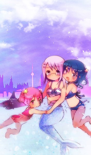 Anime picture 600x1019 with original koroneri long hair tall image looking at viewer short hair breasts open mouth light erotic purple eyes twintails multiple girls blue hair pink hair sky purple hair full body :d pink eyes hug