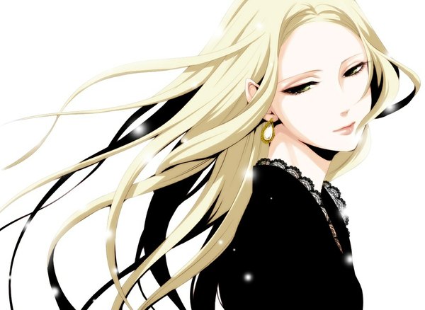 Anime picture 1080x790 with original memessa long hair simple background blonde hair white background wind lips grey eyes girl earrings